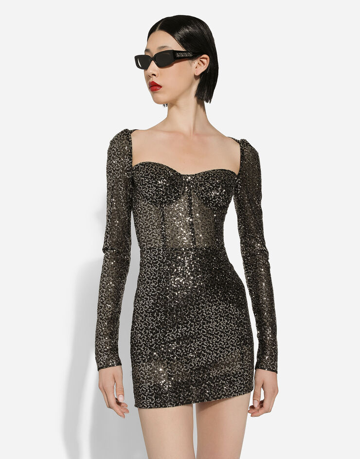 Dolce & Gabbana 시퀸 장식 긴소매 코르셋 미니드레스 블랙 F6DGATFLSFG
