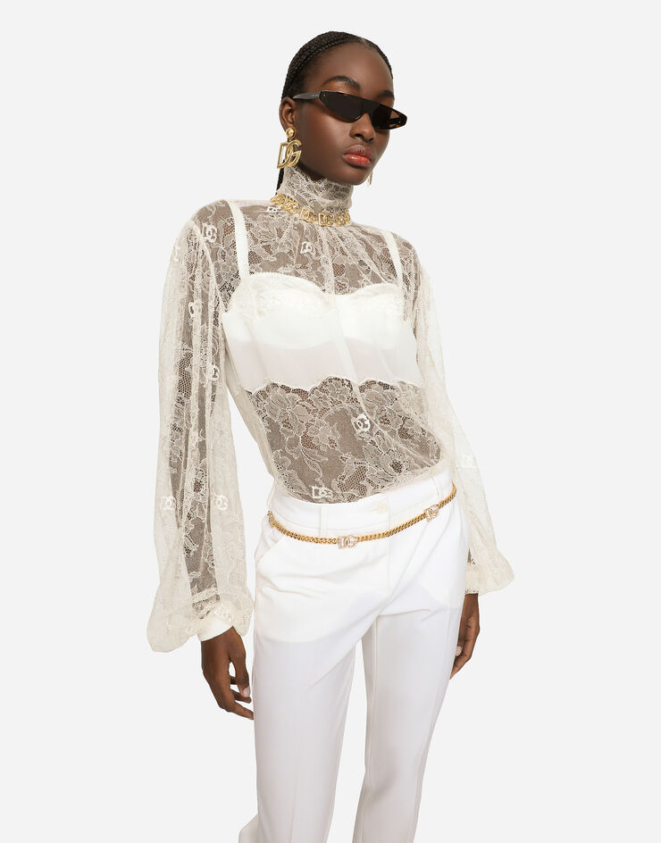 Dolce&Gabbana 花卉蕾丝高领罩衫 白 F779MTFL9AC