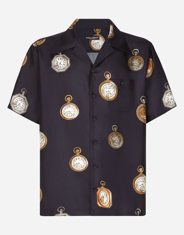 Dolce & Gabbana Camisa Hawaii en sarga de seda con estampado de relojes Imprima G5JH9TIS1VF