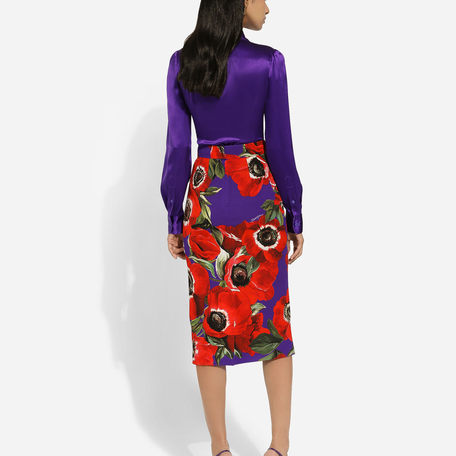 Charmeuse calf-length skirt with anemone print in Print for