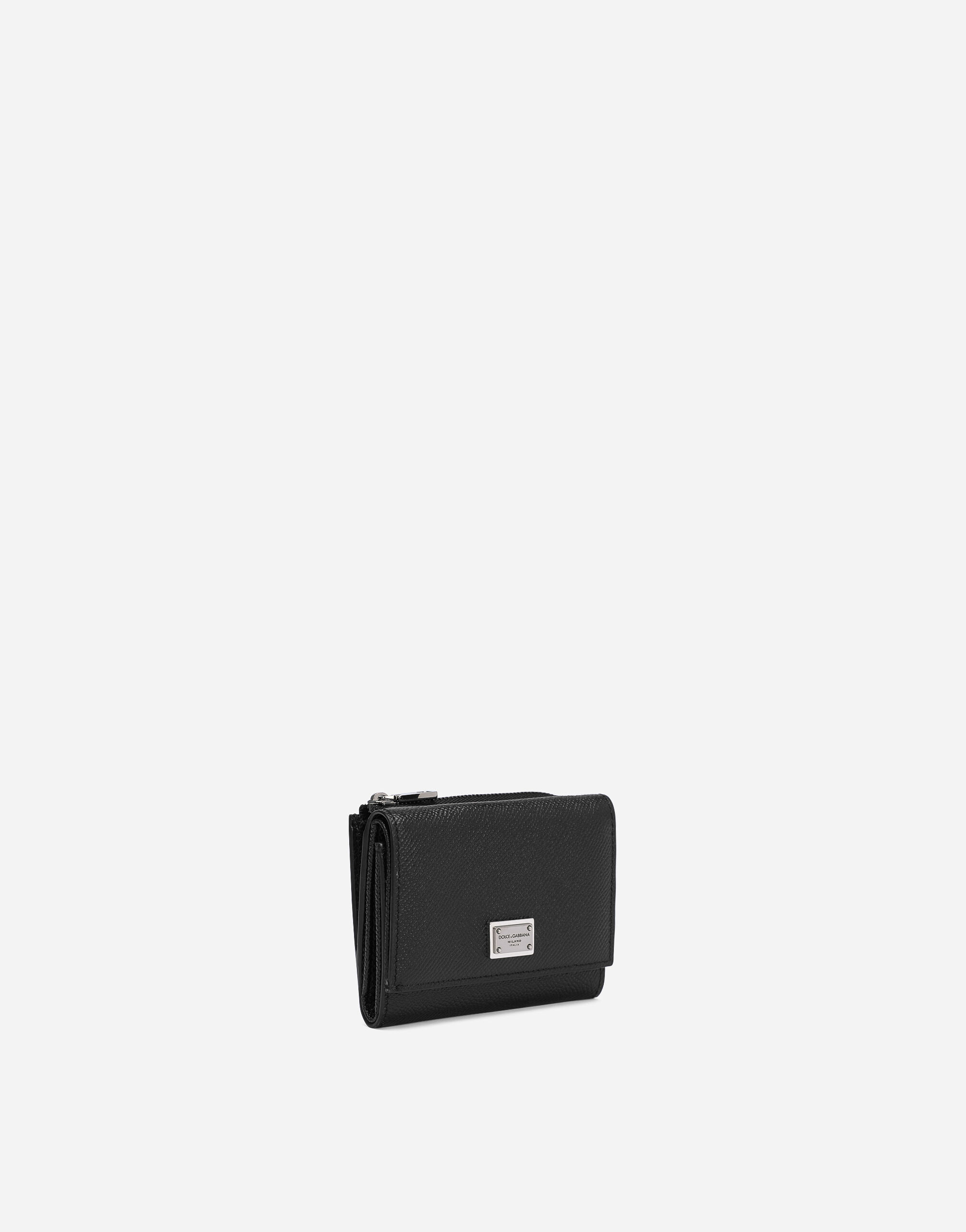 Calfskin French-flap wallet with logo tag in Black for