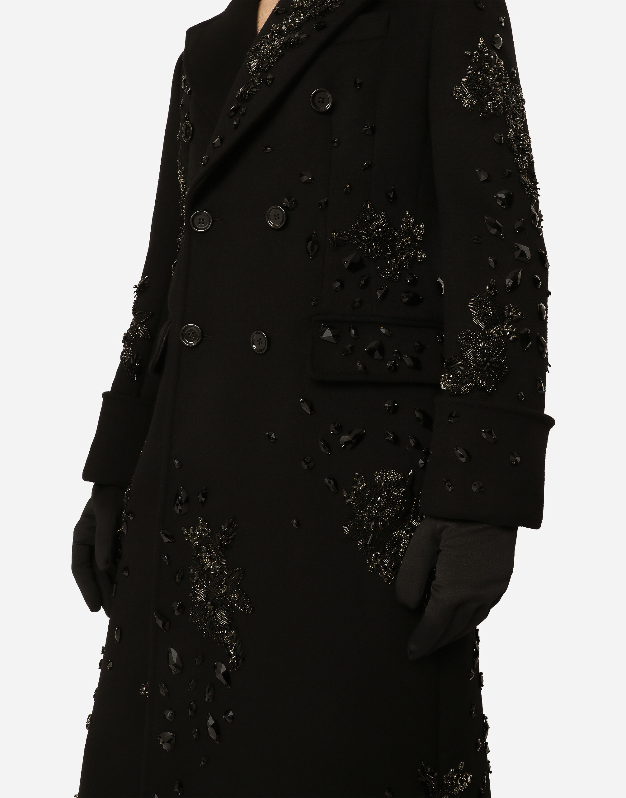 ブラックのメンズ Double-breasted coat with embroidery and stones 