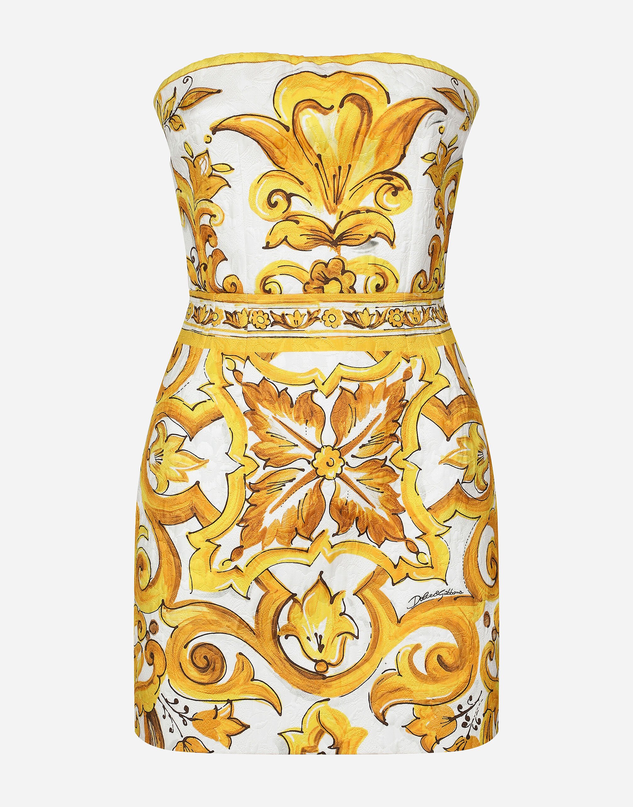 ${brand} Short dress with corset bodice in majolica-print brocade ${colorDescription} ${masterID}
