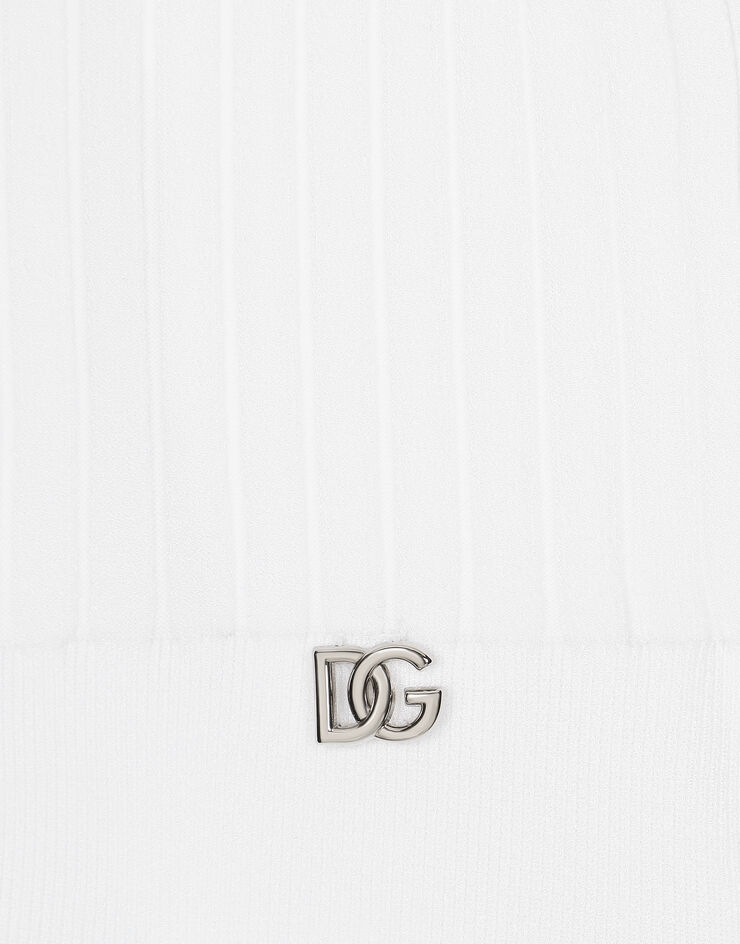 Dolce & Gabbana Pull côtelé en viscose avec pin’s logo DG en métal Blanc FXX32TJFMDH