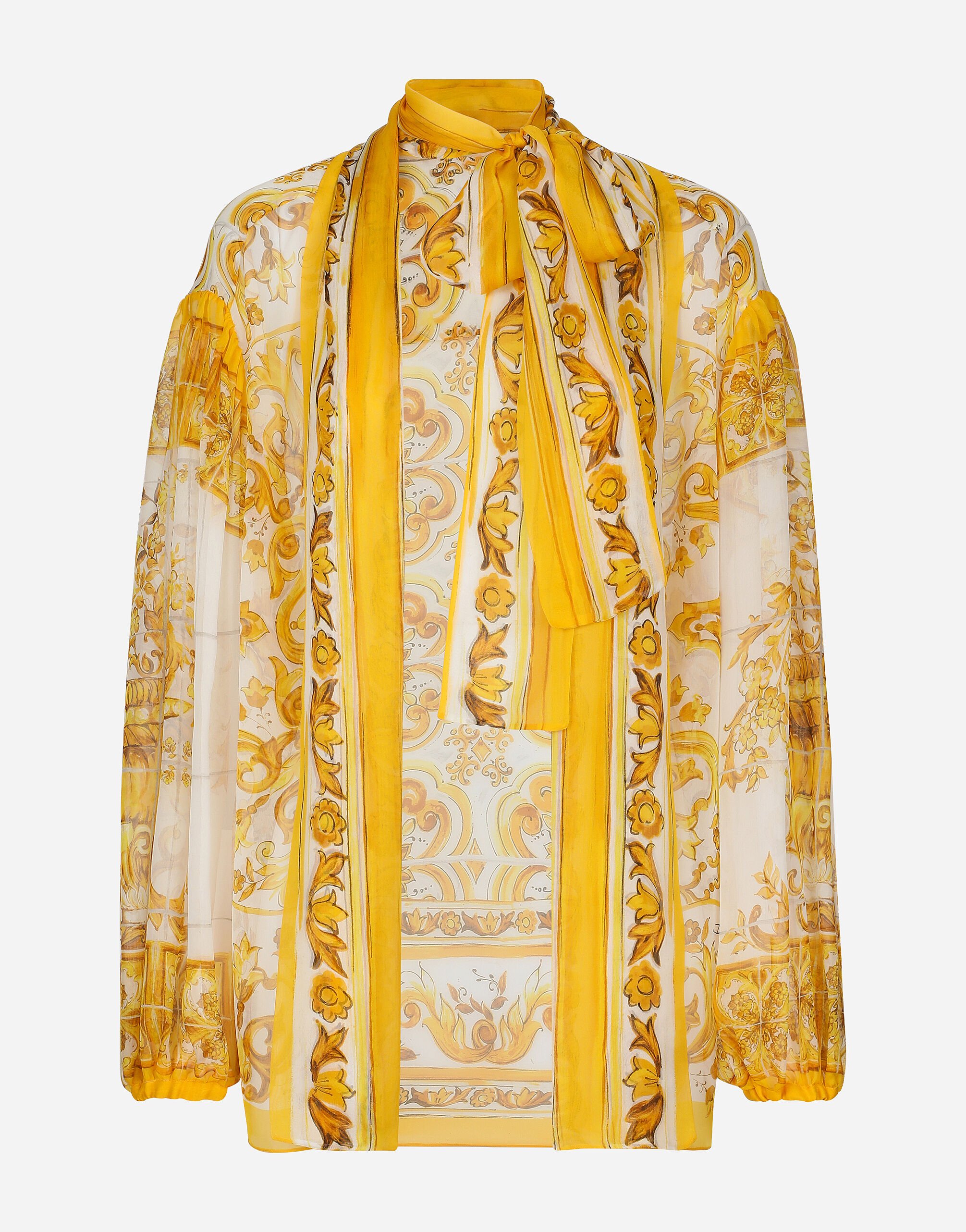 Dolce & Gabbana قميص شيفون بربطة عنق وطبعة ماجوليكا مطبعة F755PTHH5EA