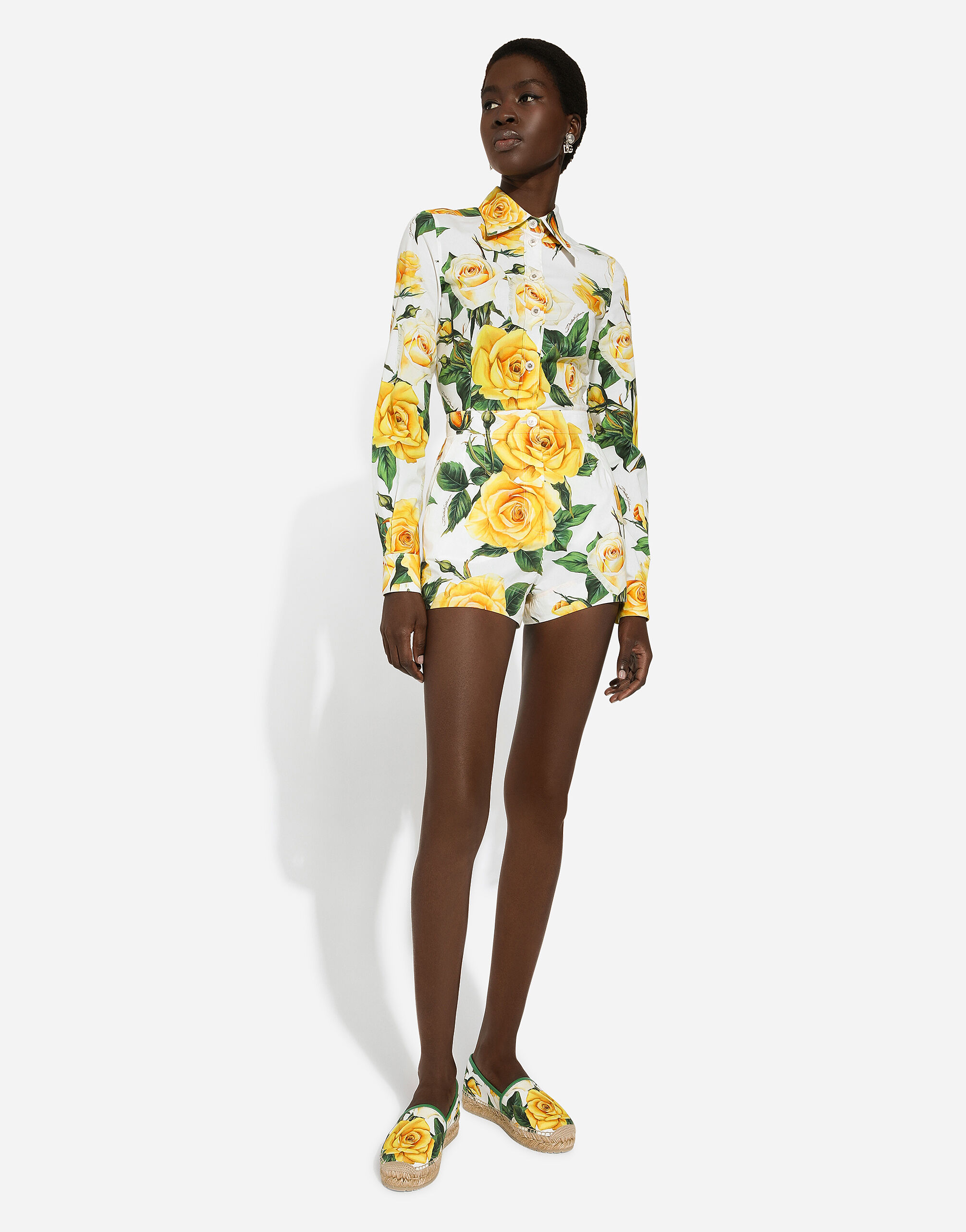Cotton shorts with yellow rose print