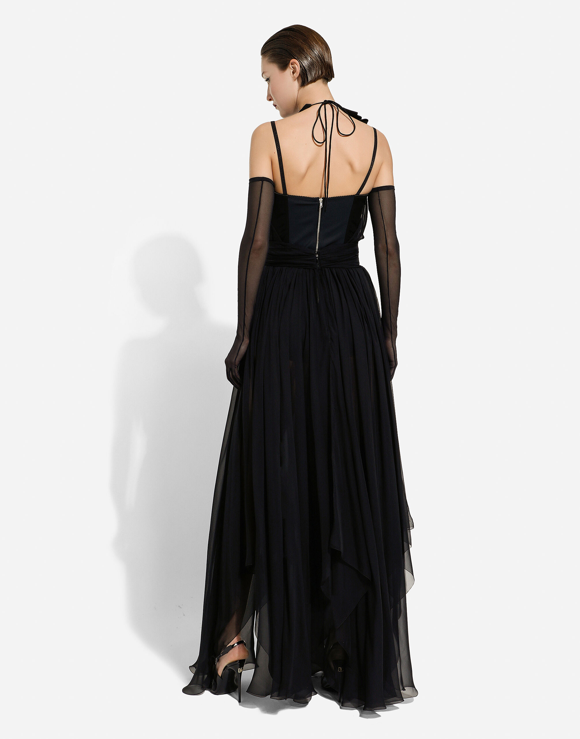 Long silk chiffon dress with floral appliqué in Black for 