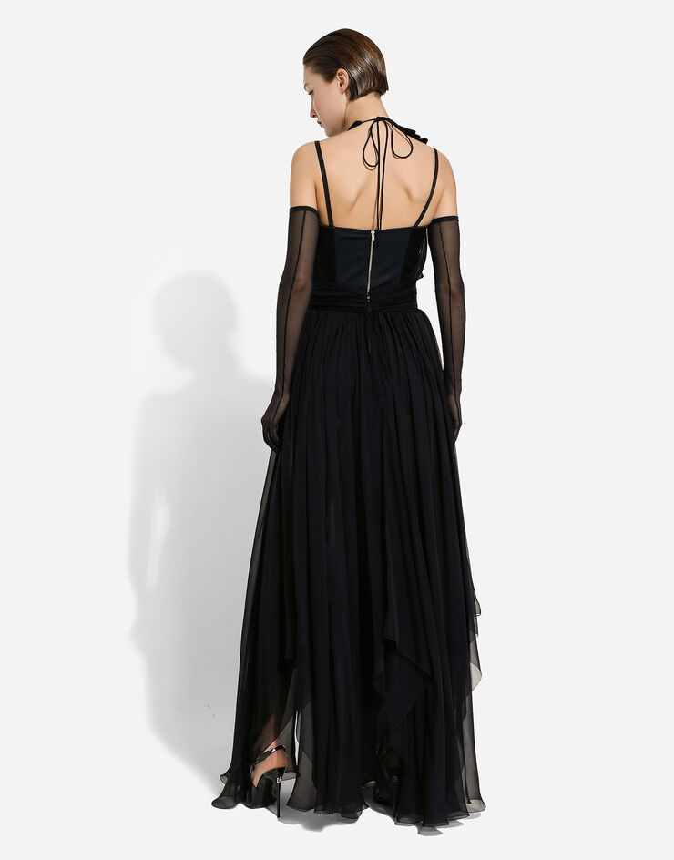Dolce&Gabbana Long silk chiffon dress with floral appliqué черный F6DJSTFU1AT