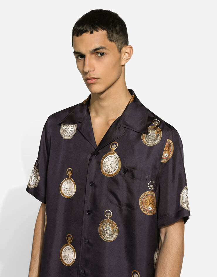 Dolce & Gabbana Camisa Hawaii en sarga de seda con estampado de relojes Imprima G5JH9TIS1VF