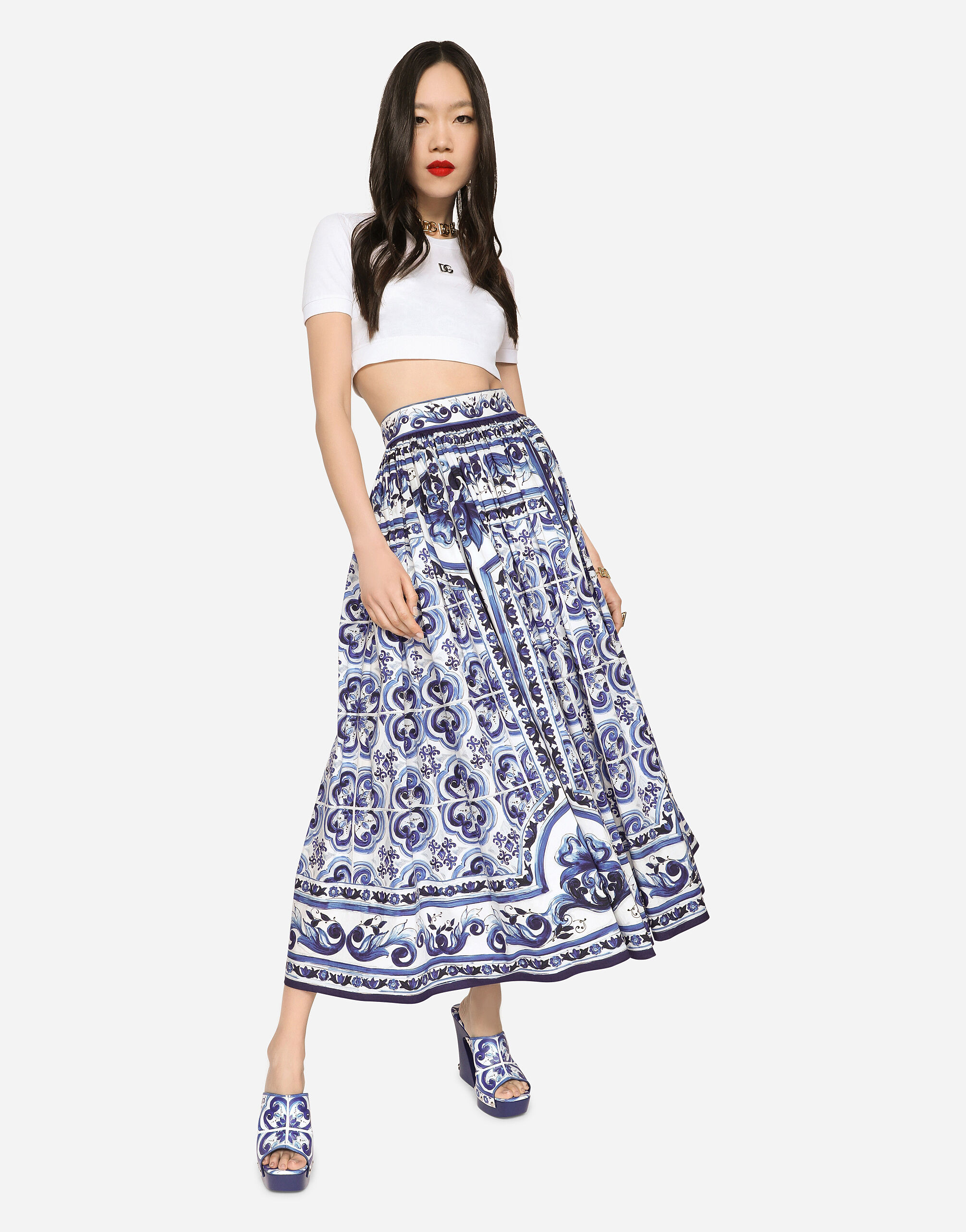 Majolica-print poplin calf-length skirt