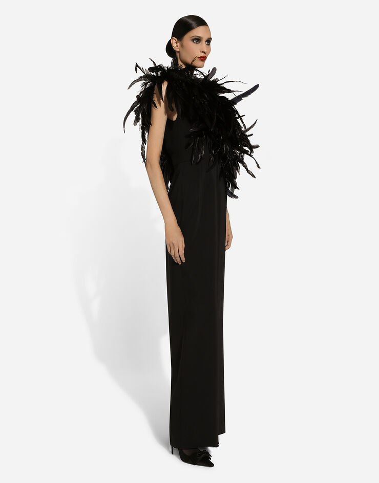 Dolce & Gabbana Long one-shoulder stretch cady dress with feathered neckline Black F6JRFTFUIAH