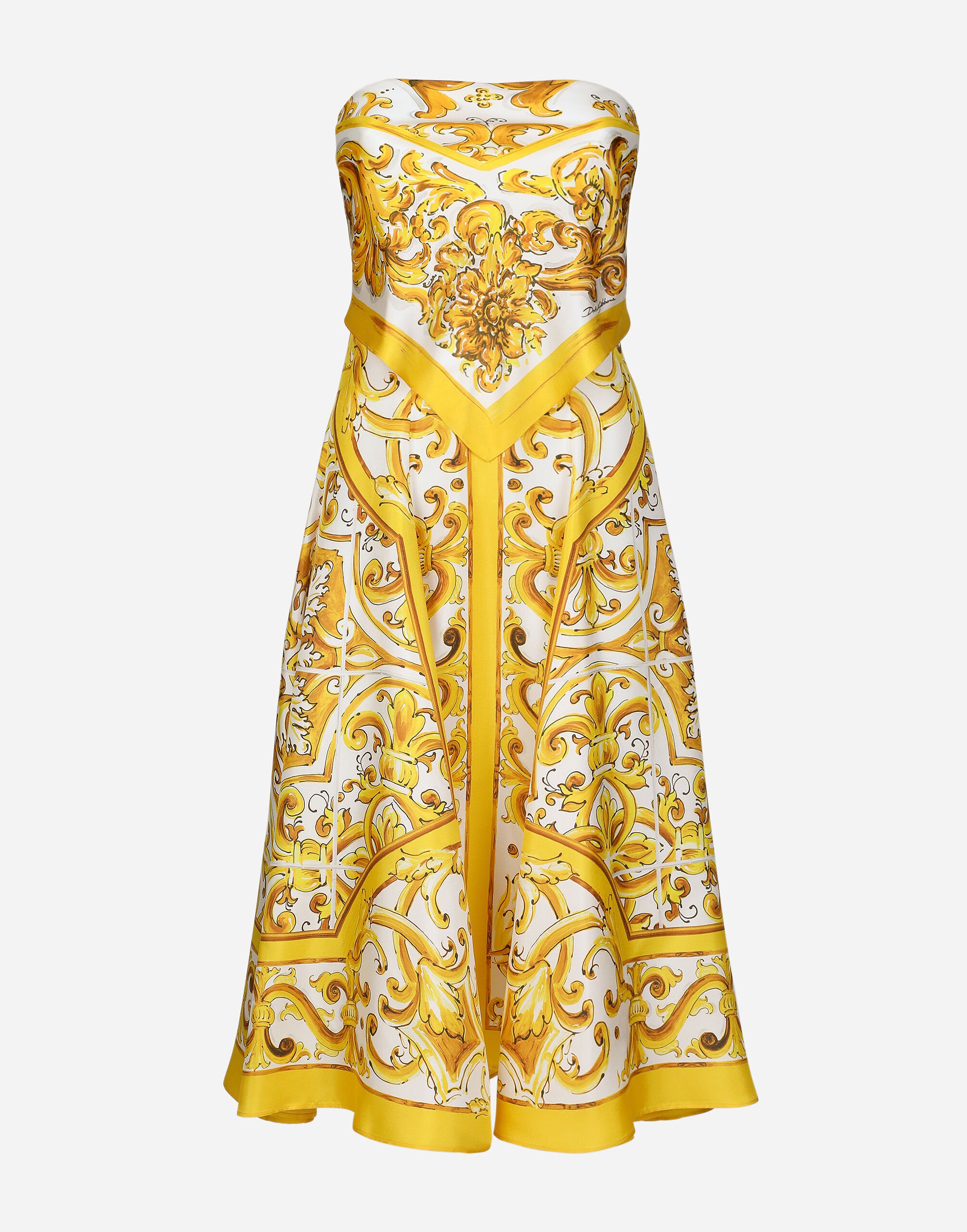 Dolce & Gabbana Midi dress with foulard effect in majolica-print silk charmeuse Print F68A8TFPTAH