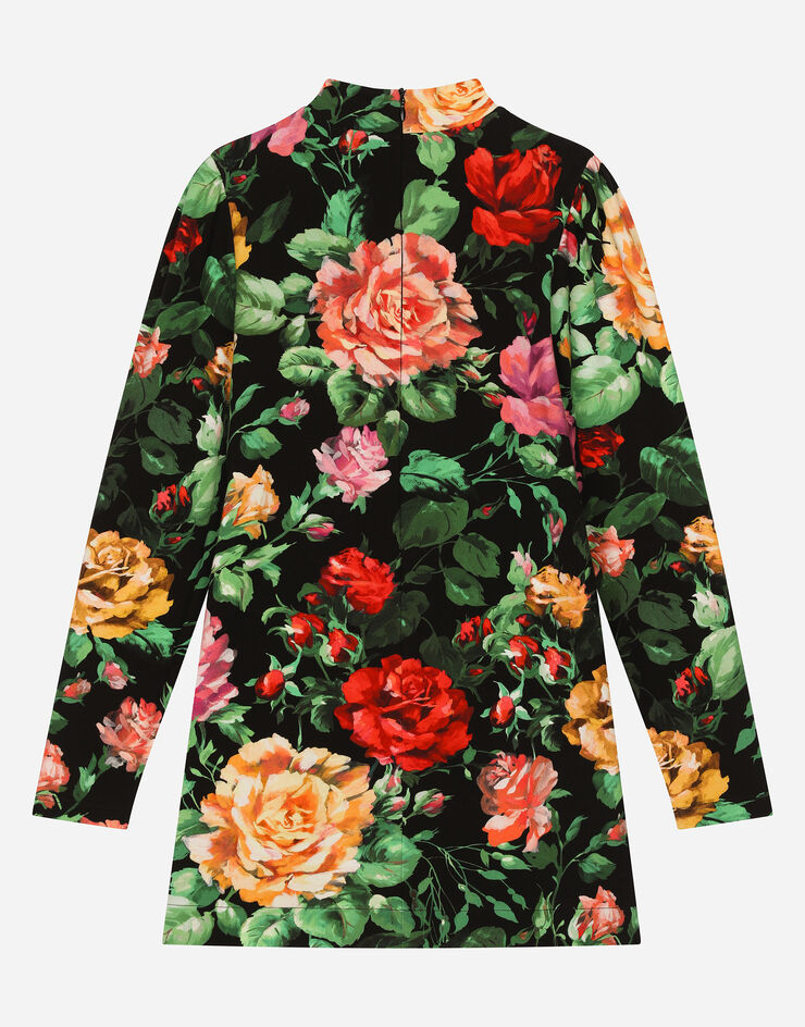 Dolce & Gabbana Vestido de interlock con estampado de rosas sobre base negra Imprima L5JD7LFSG9A