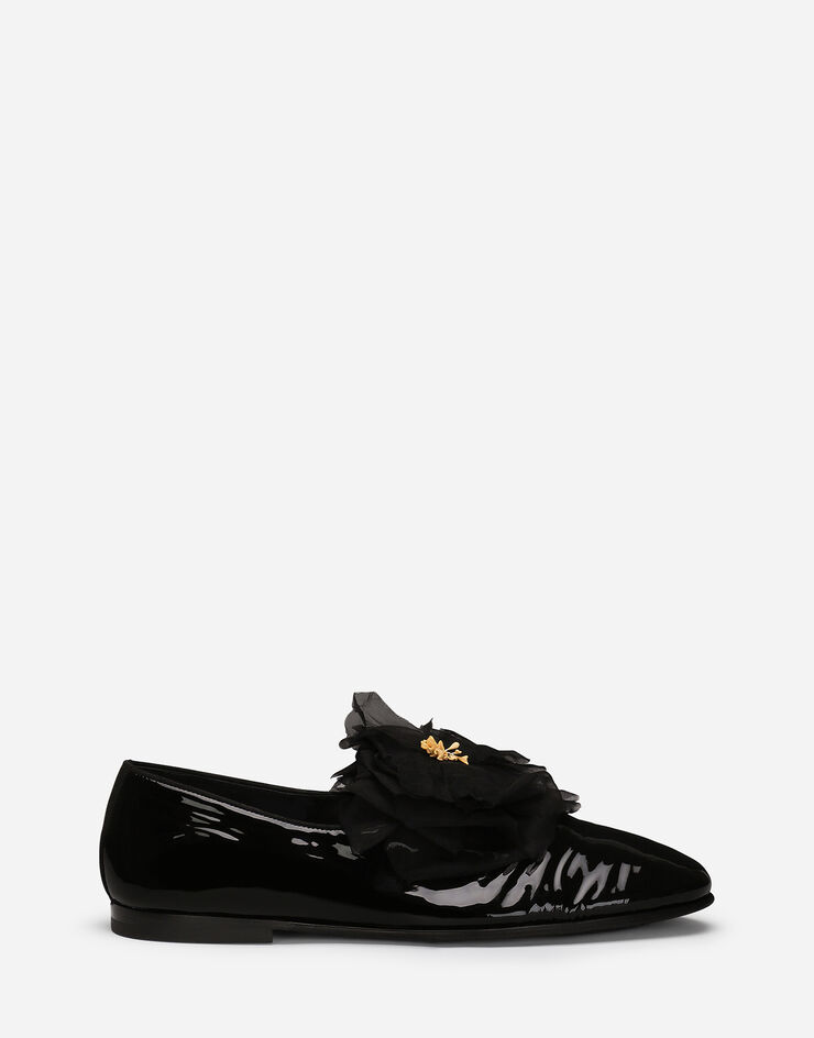 Dolce & Gabbana Slippers en cuir verni avec fleur appliquée Noir A50645A3G48