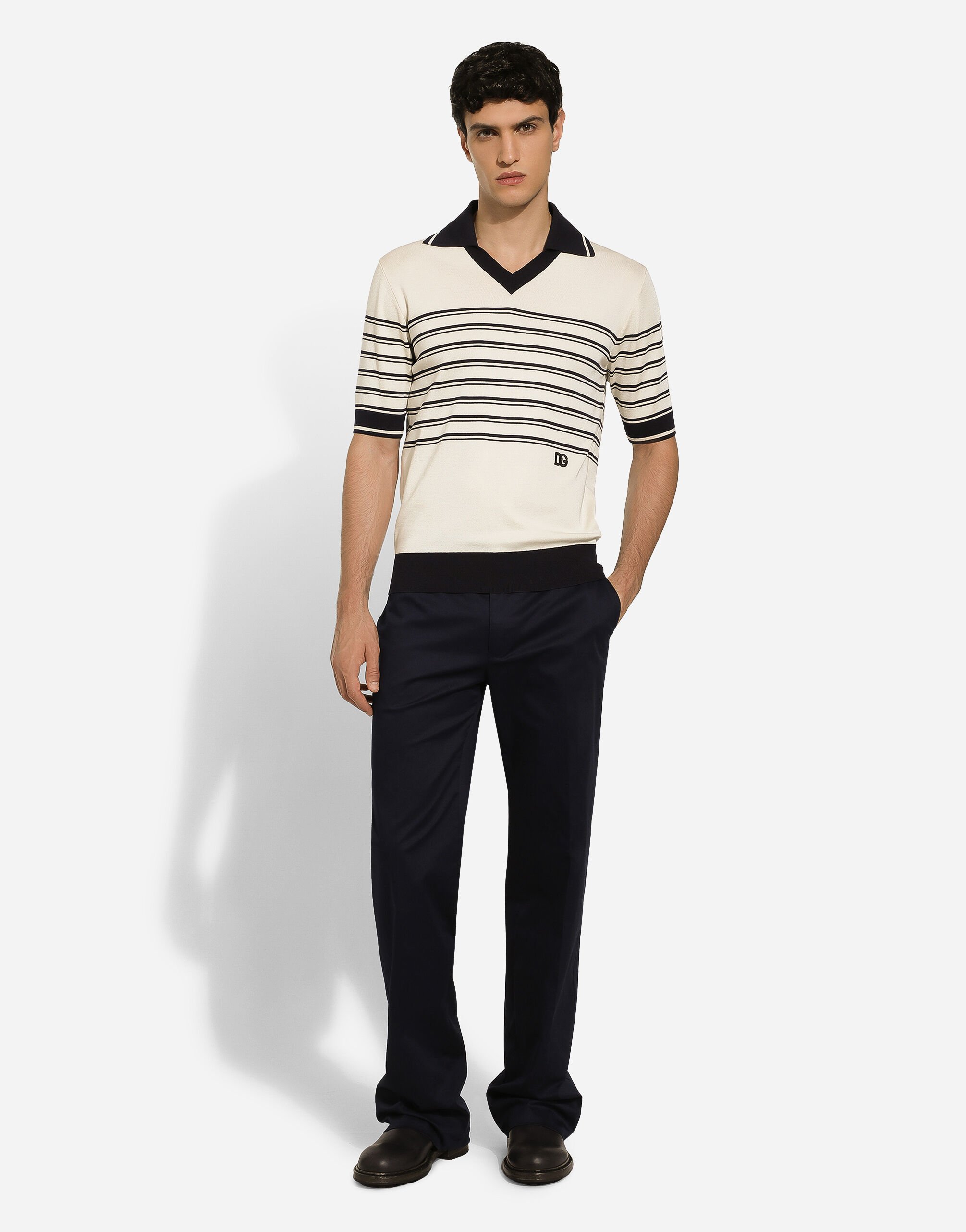 Dolce & Gabbana Striped silk V-neck polo-shirt with DG logo male Cream