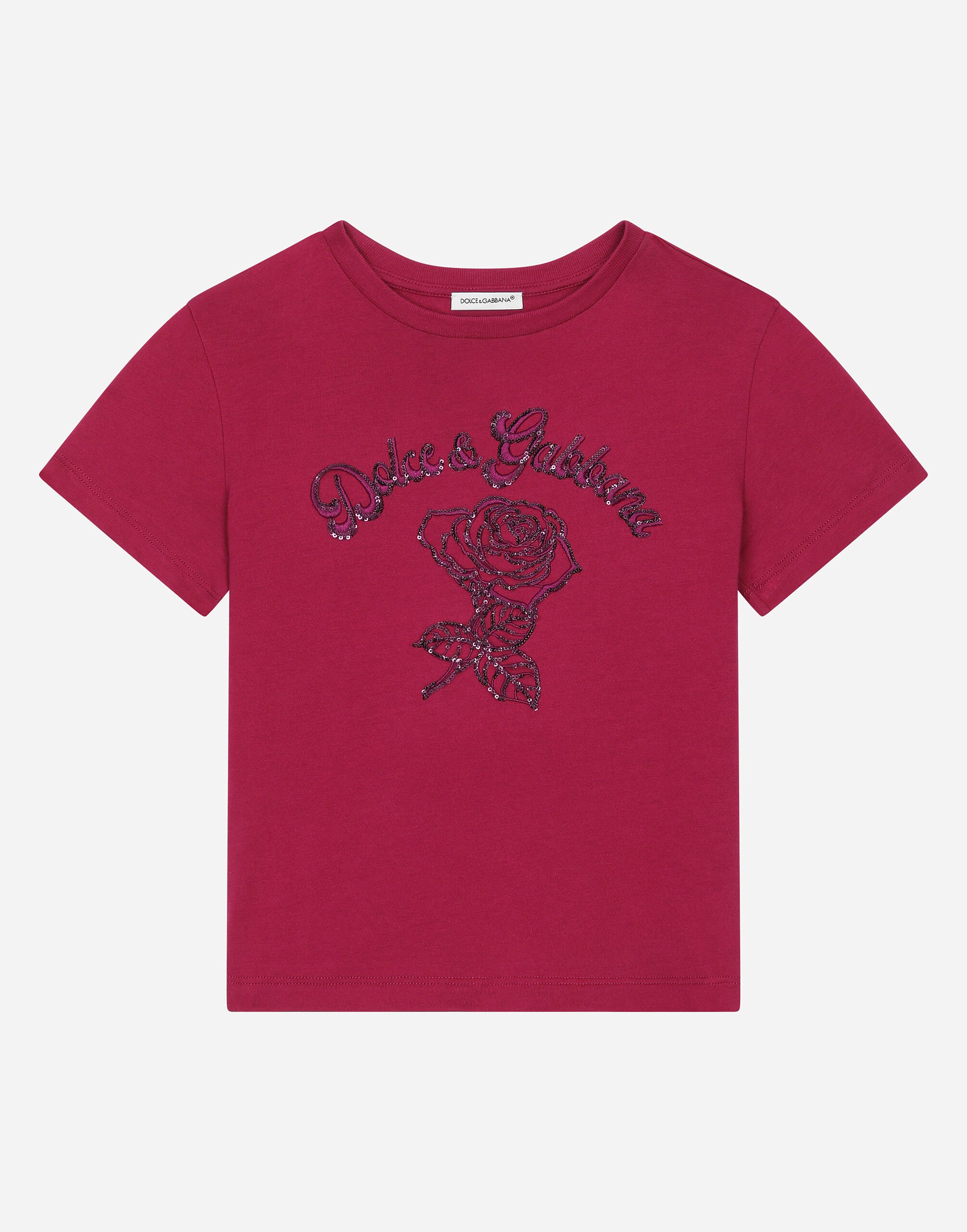 ${brand} T-shirt en jersey avec logo Dolce&Gabbana et rose ${colorDescription} ${masterID}