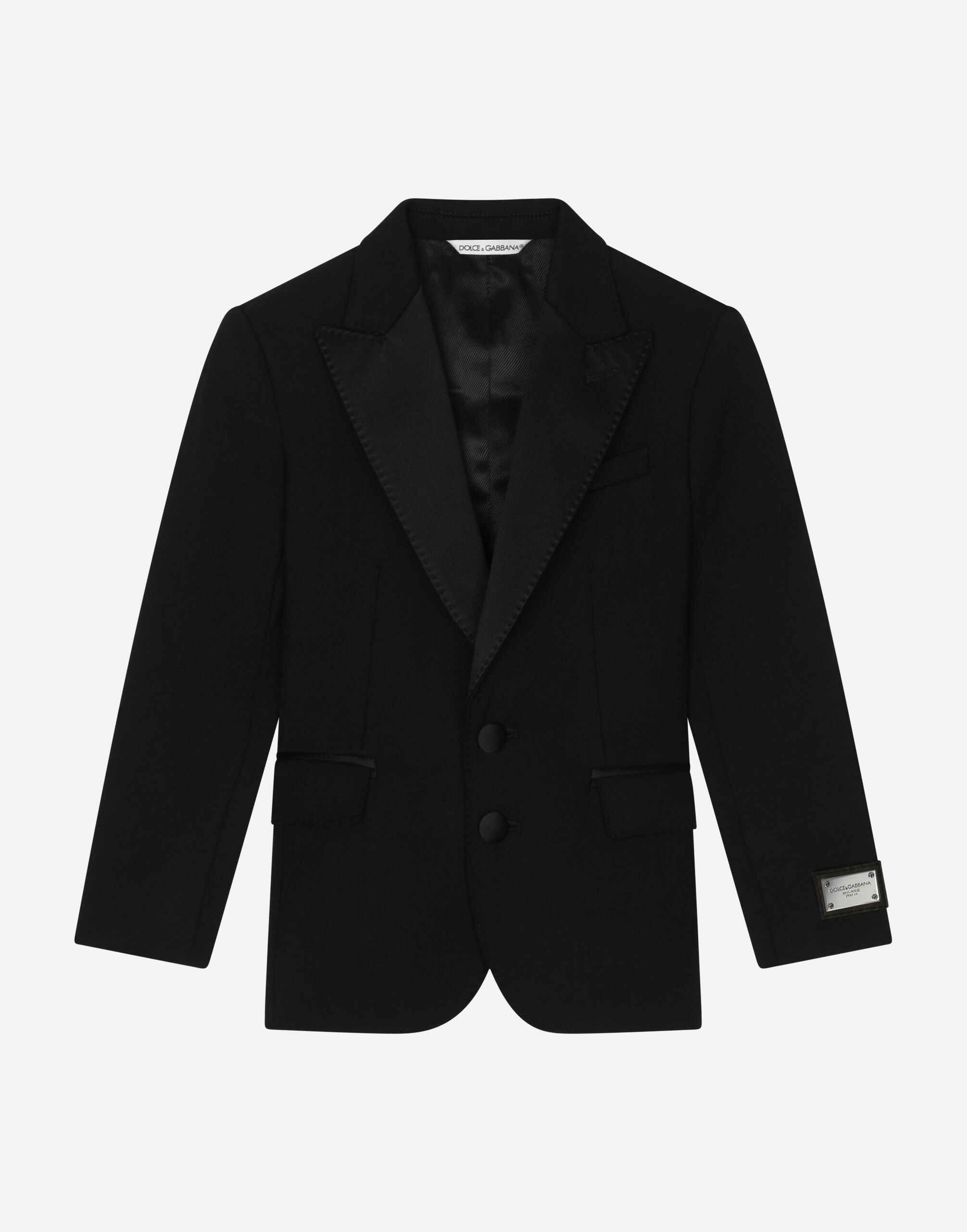 ${brand} Single-breasted tuxedo jacket with logo tag ${colorDescription} ${masterID}