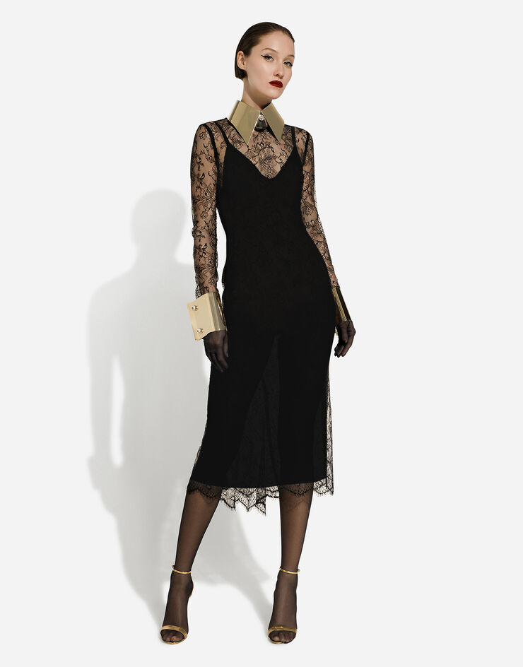 Dolce & Gabbana Robe mi-longue en dentelle de Chantilly fil coupé Noir F6DEHTHLM9O
