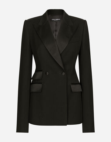 Dolce & Gabbana Chaqueta de botonadura doble en paño de lana con aberturas laterales Negro F29MCTFUBE7