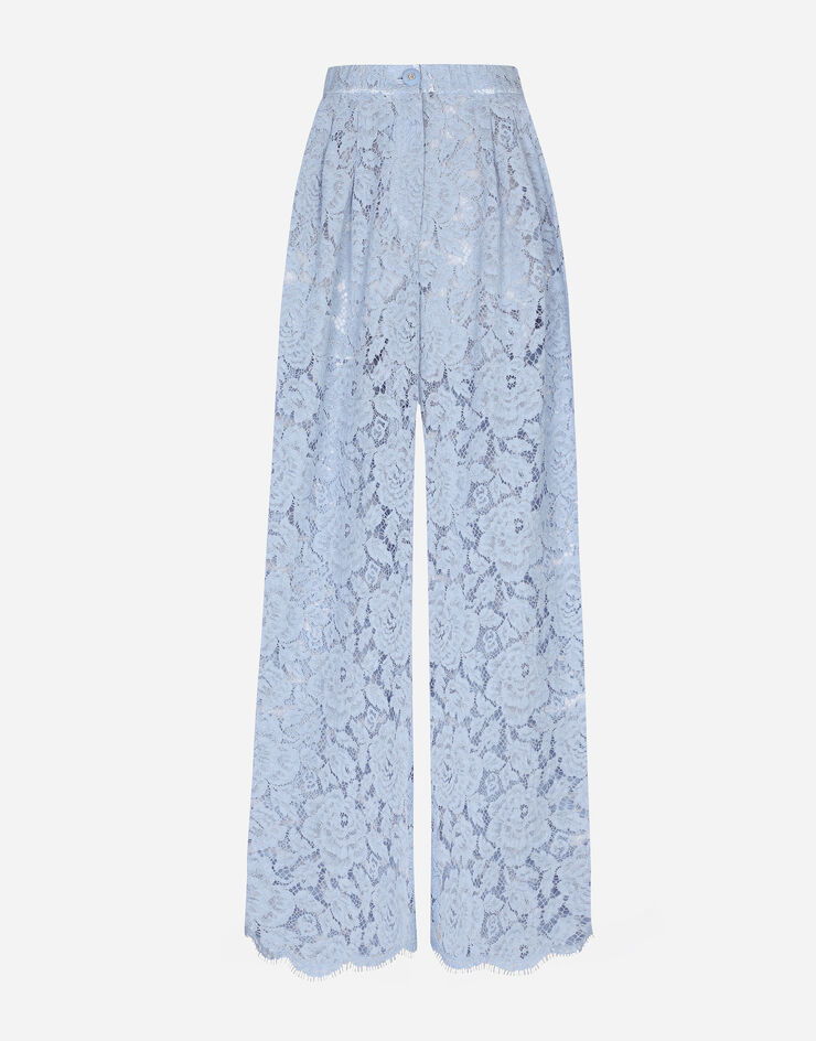 Dolce & Gabbana Flared floral cordonetto lace pants with DG logo Light Blue FTC1YTHLM7L