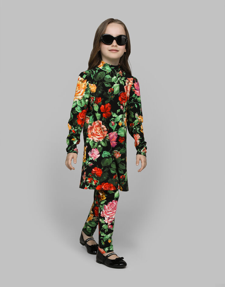 Dolce & Gabbana Kleid aus Interlock mit Rosenprint auf schwarzem Grund Drucken L5JD7LFSG9A