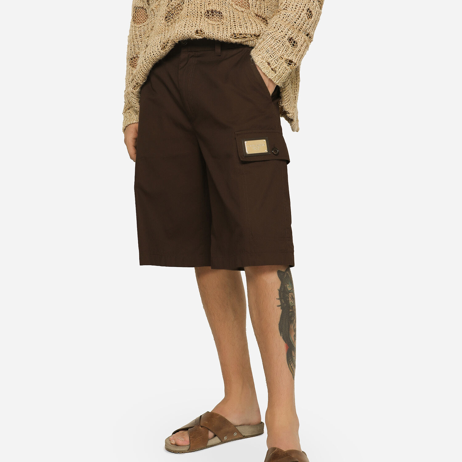 Cotton gabardine cargo Bermuda US brand plate Brown with | for in shorts Dolce&Gabbana®