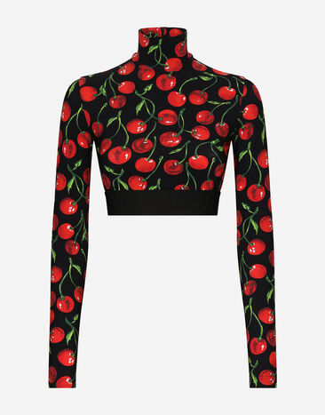 Dolce & Gabbana Cherry-print technical jersey turtle-neck top with branded elastic Multicolor FXM23TJCVO8