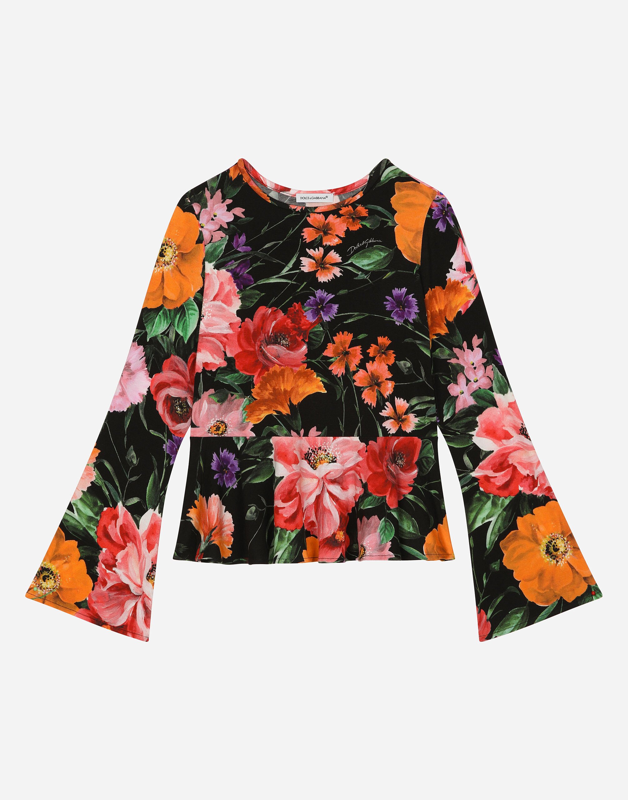 ${brand} Camiseta de punto con estampado de flores sobre base negra ${colorDescription} ${masterID}