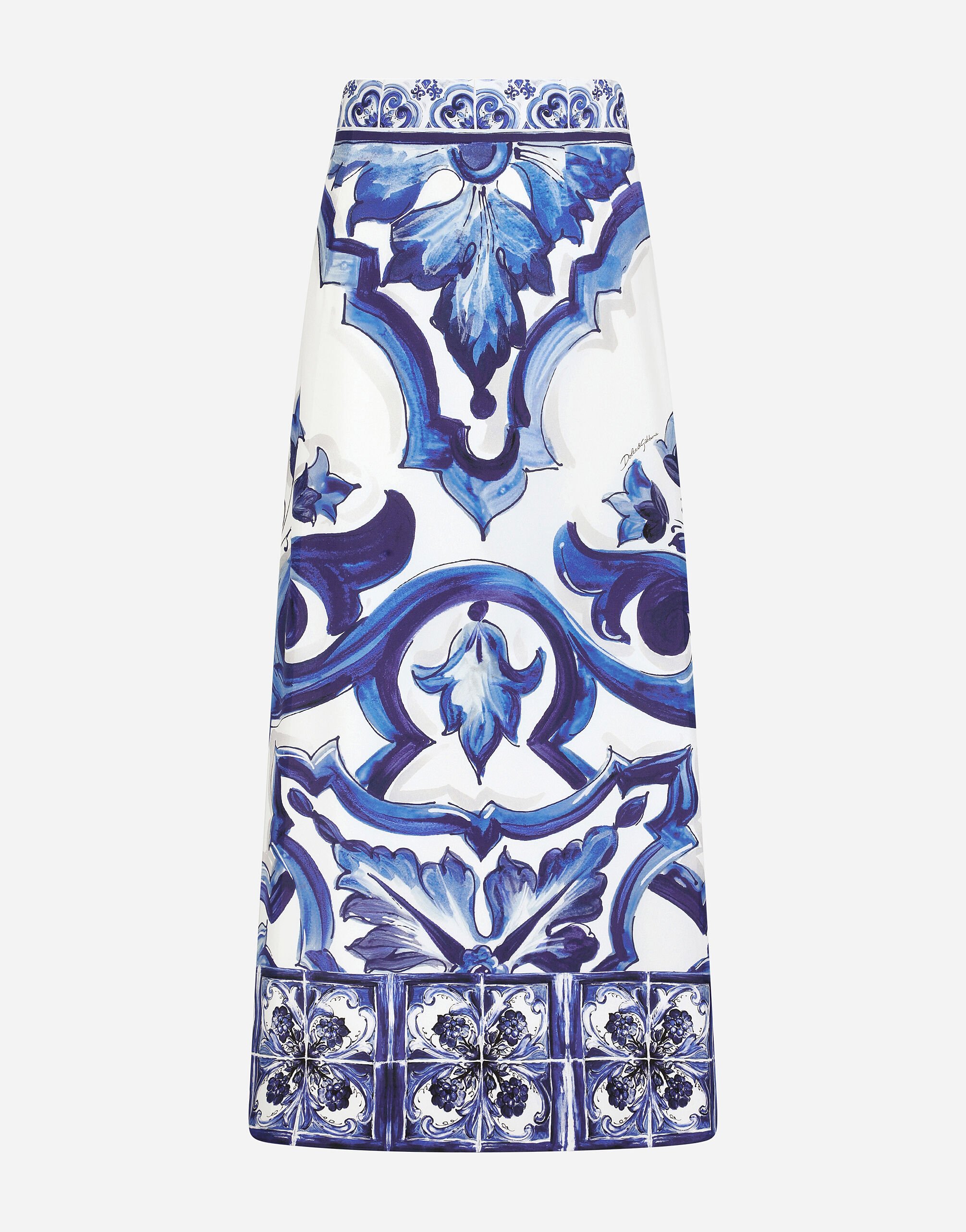 ${brand} Majolica-print charmeuse calf-length skirt with slit ${colorDescription} ${masterID}