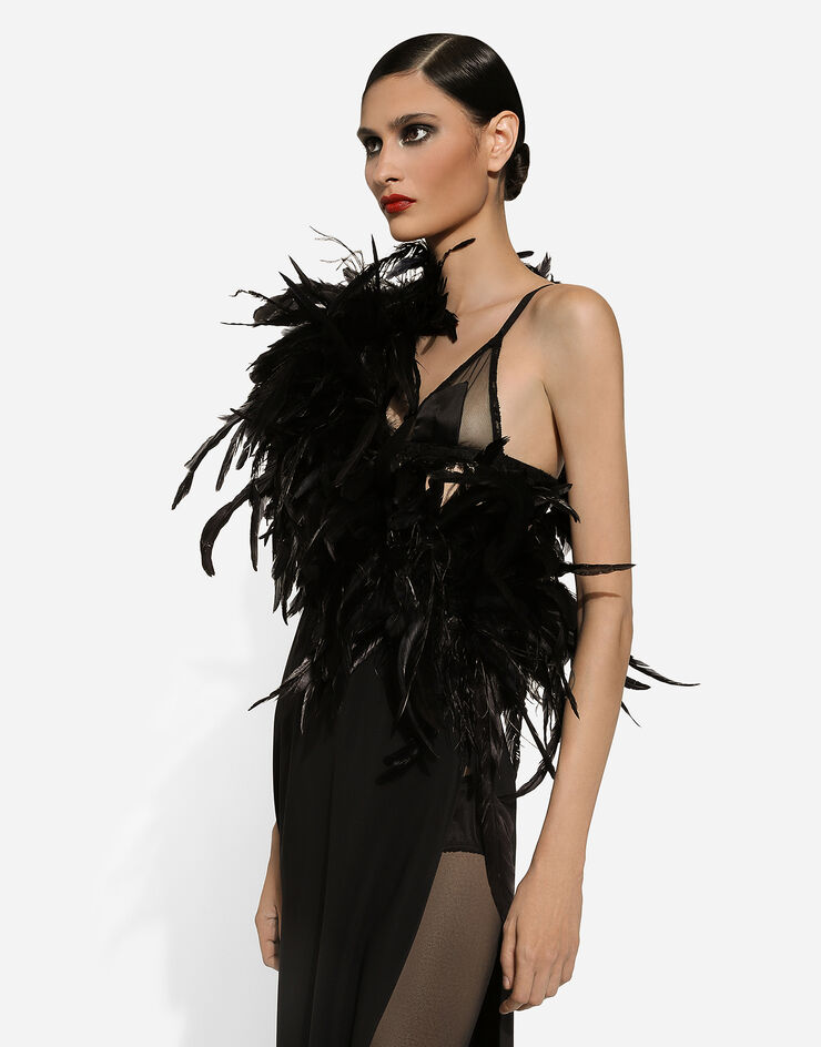 Dolce & Gabbana Long one-shoulder stretch cady dress with feathered neckline Black F6JRFTFUIAH