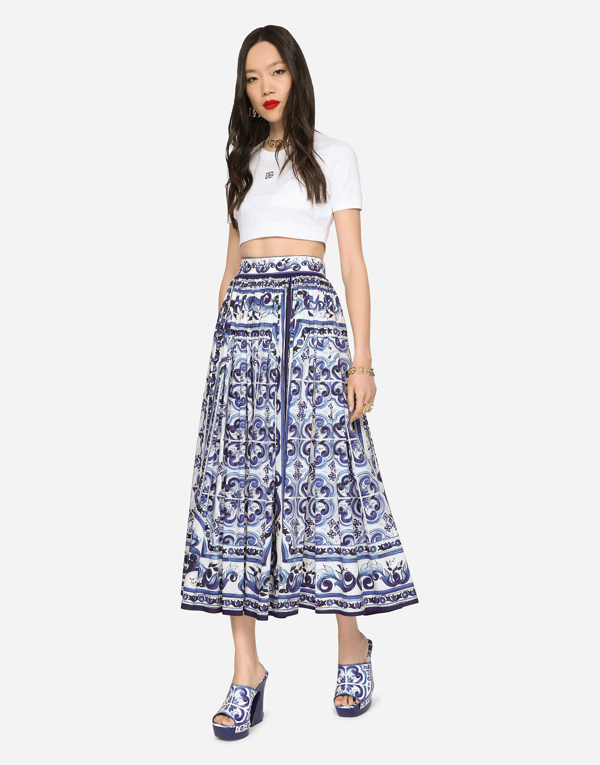 Majolica-print poplin calf-length skirt in Multicolor for 