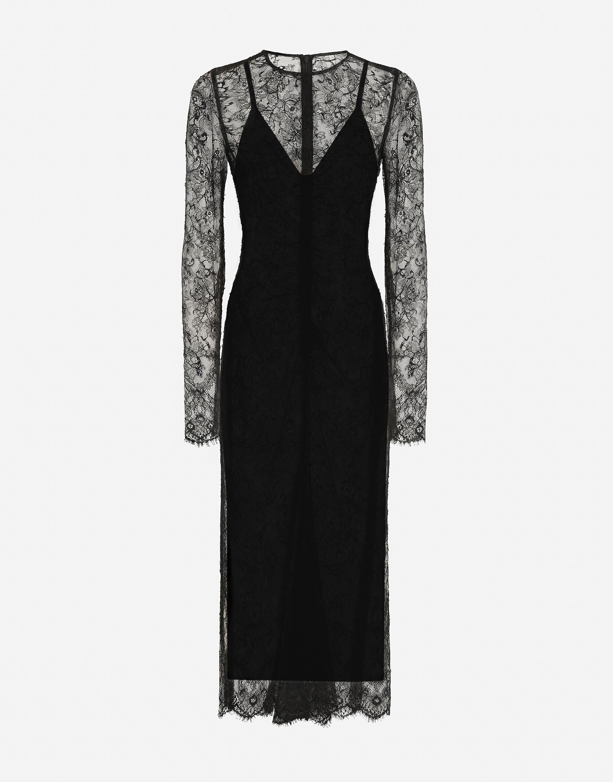 Dolce&Gabbana فستان بطول للربلة من دانتيل شانتيل فيل كوبيه أسود F6DKITFU1AT