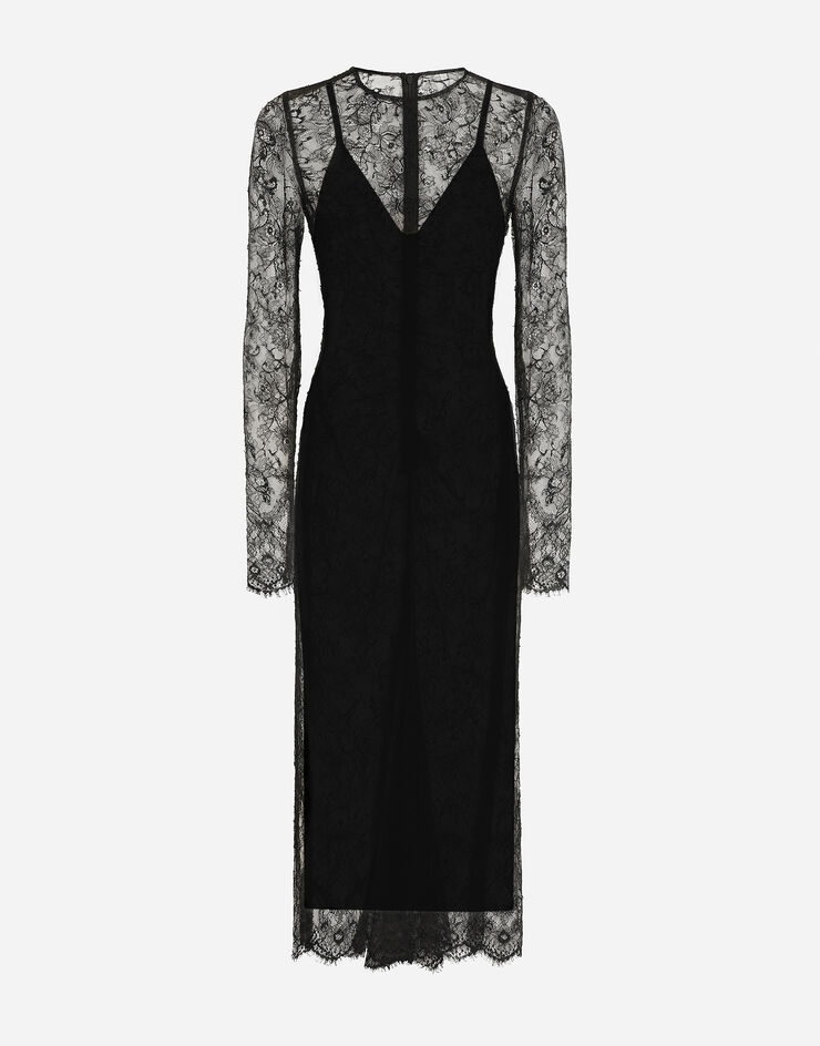 Chantilly lace fil coupé calf-length dress in Black for Women | Dolce ...