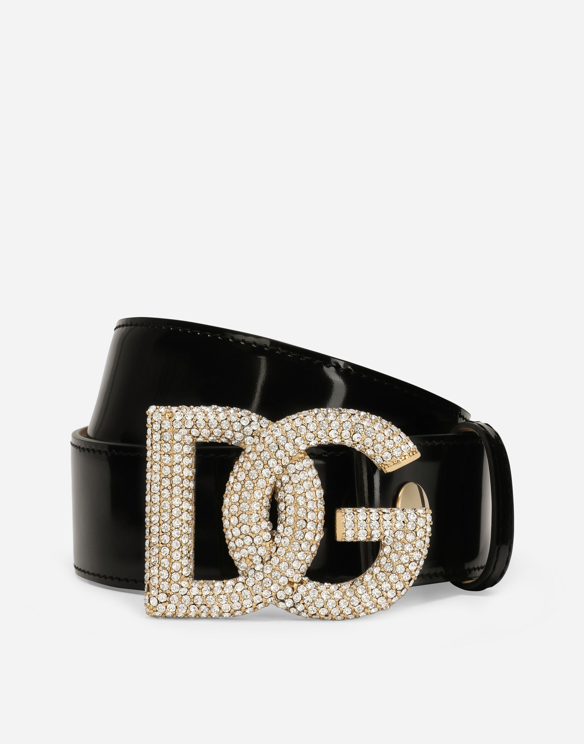 Polished calfskin belt with crystal DG logo