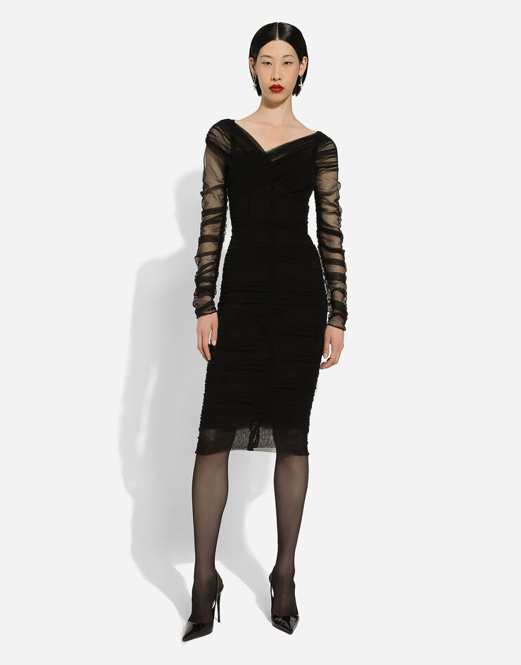 Dolce & Gabbana Драпированное платье миди из хлопкового тюля черный F6G8QTFLEAA