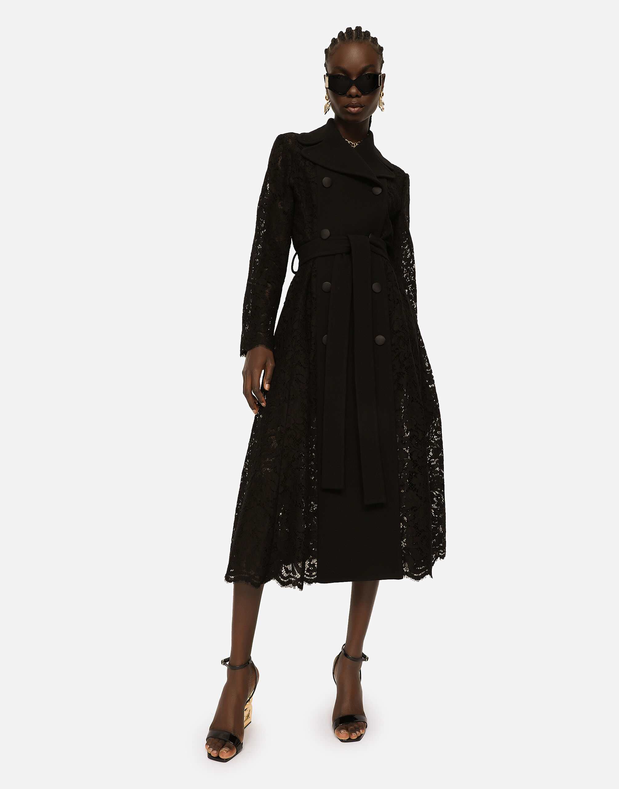 Dolce & Gabbana Belted double-breasted crepe and lace coat female BLACK