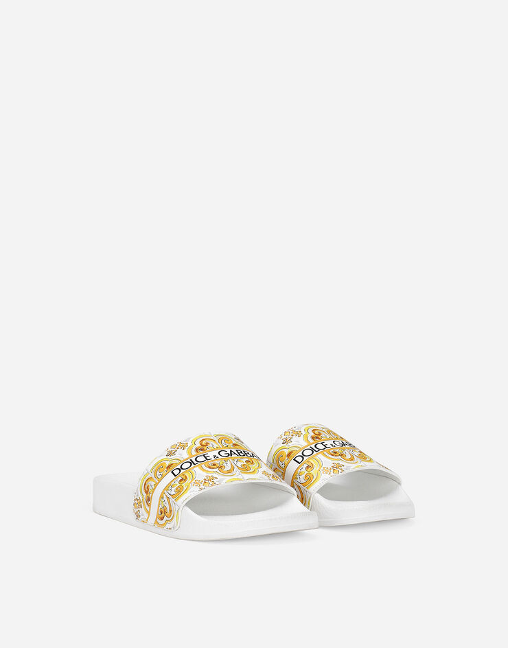 Dolce & Gabbana Slide beachwear in pelle di vitello con stampa maiolica gialla Giallo D10705A1838