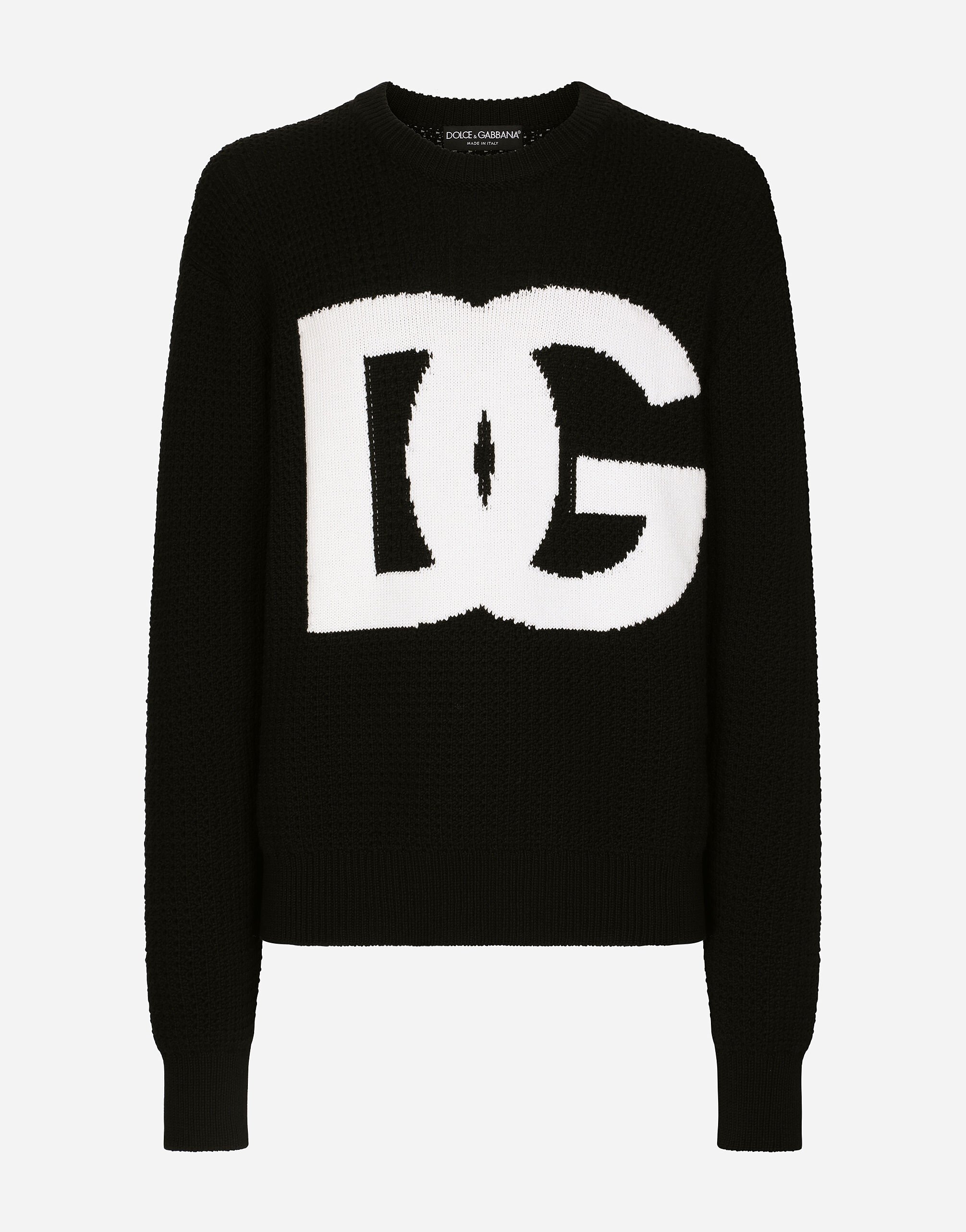 ${brand} Round-neck wool sweater with DG logo inlay ${colorDescription} ${masterID}