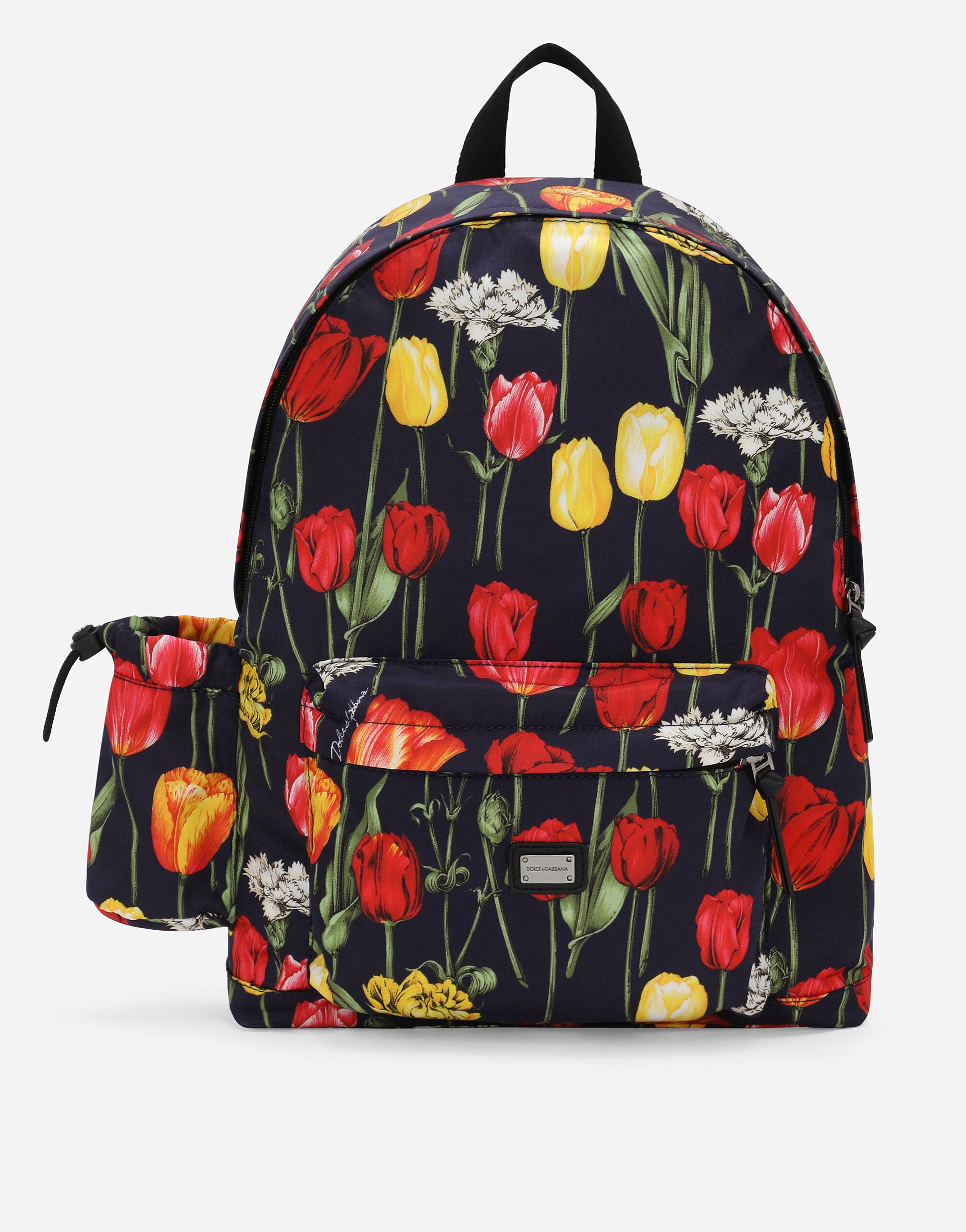 ${brand} Tulip-print nylon backpack with branded tag ${colorDescription} ${masterID}