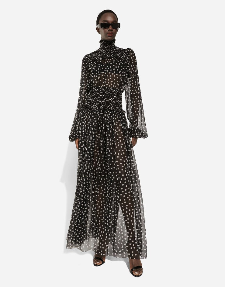 Dolce & Gabbana Robe mi-longue avec smocks en mousseline à imprimé micro pois Imprimé F6GADTHS1KD
