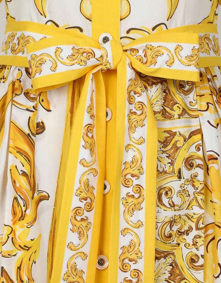 Dolce & Gabbana Vestido camisero midi con cinturón en popelina de algodón con estampado Maiolica Imprima F6JFNTFI5JK