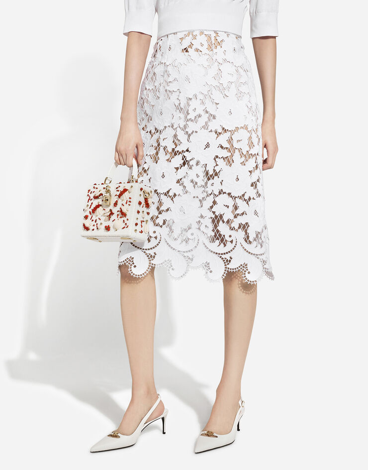 Dolce & Gabbana Cotton midi skirt with floral openwork detailing White F4CVRZFG6AD