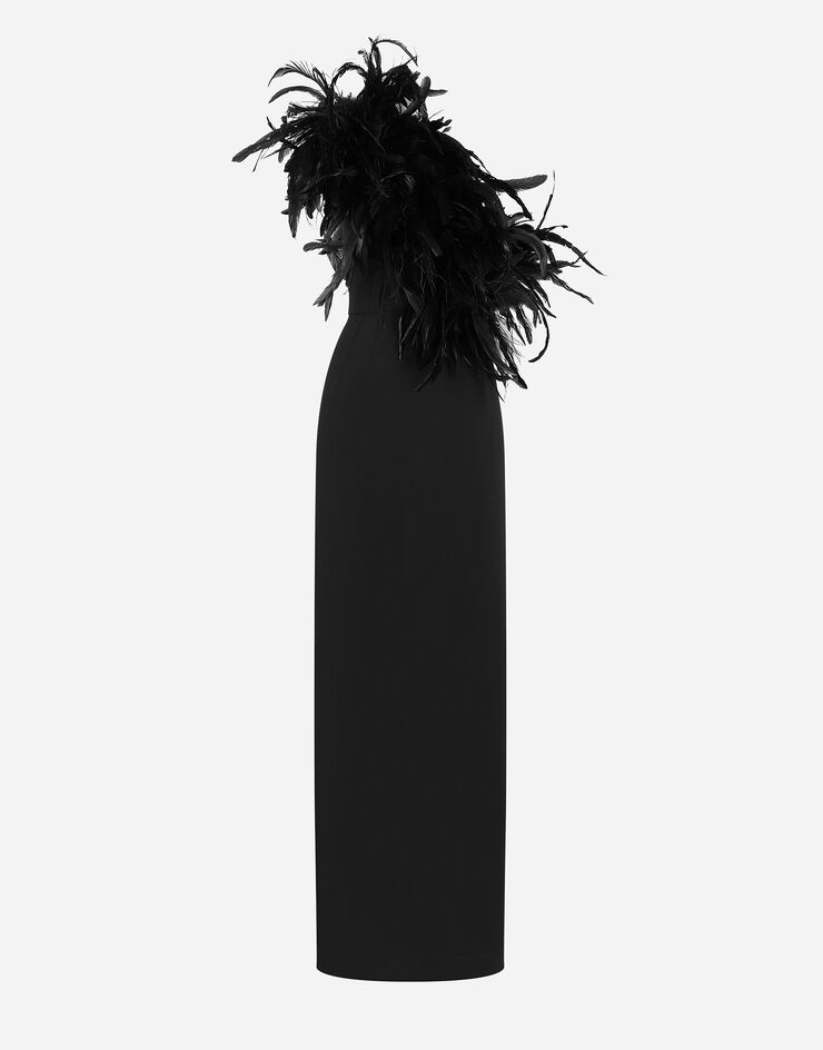 Dolce & Gabbana Long one-shoulder stretch cady dress with feathered neckline Black F6JRFTFUIAH