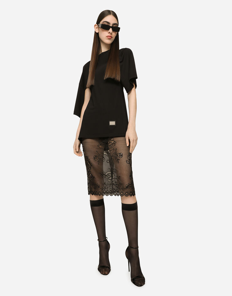 Dolce&Gabbana Crinoline calf-length skirt with inlay embellishment Black F4B0KZG7XTY