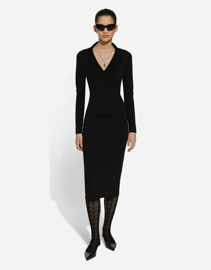 Dolce & Gabbana Jupe mi-longue en maille de viscose stretch à logo DG Noir FXO10TJFMEX