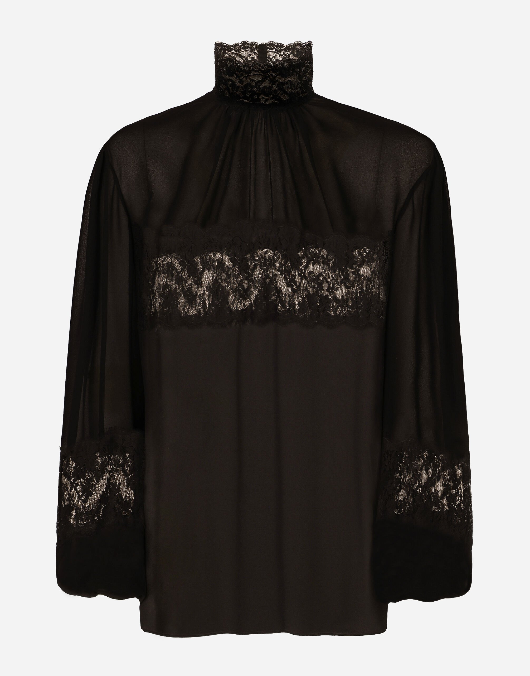 Dolce & Gabbana Blouse à col montant en georgette et dentelle Noir F761RTFJTBR