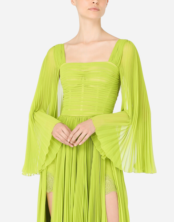 Dolce & Gabbana 太阳纹百褶雪纺长款连衣裙 绿 F6K4BTFUSMU