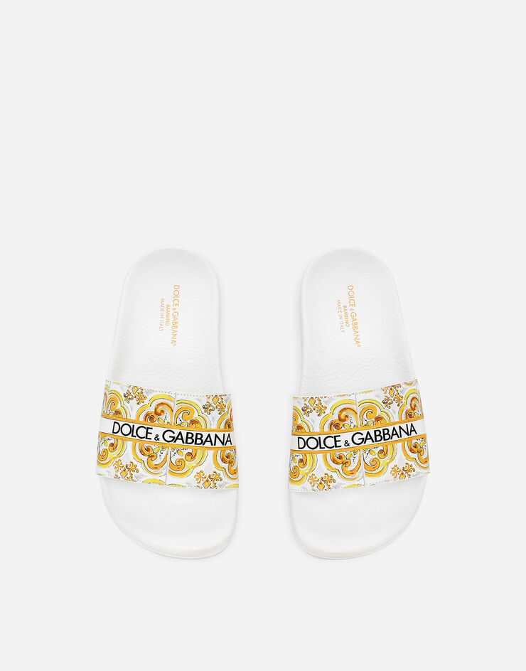 Dolce & Gabbana Badepantolette aus Kalbsleder mit gelbem Majolika-Print Gelb D10705A1838