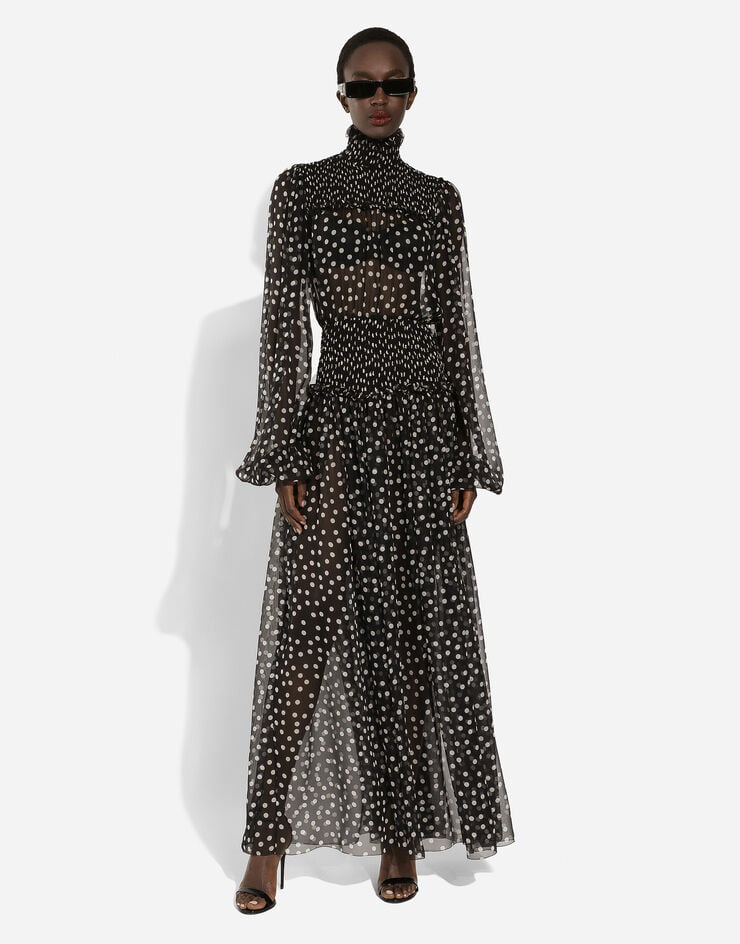 Dolce & Gabbana Robe mi-longue avec smocks en mousseline à imprimé micro pois Imprimé F6GADTHS1KD