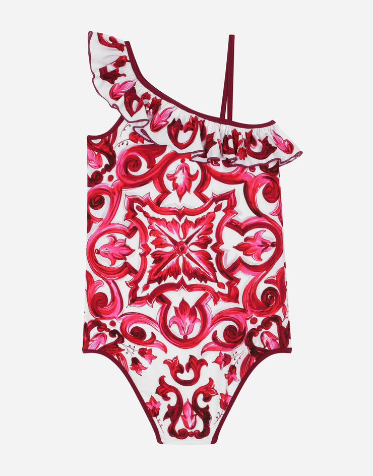 DolceGabbanaSpa Majolica-print one-piece swimsuit with ruched neckline Multicolore L5J838G7EW6